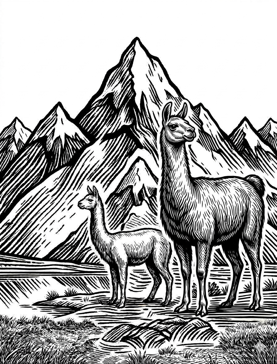 Vicuñas and mountains, woodcut illustration